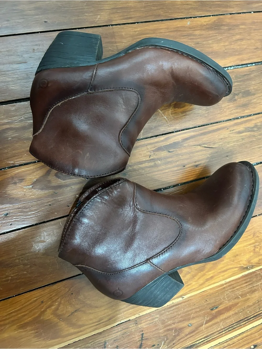Born Dark Brown Leather Ankle Booties with Stacked Heel